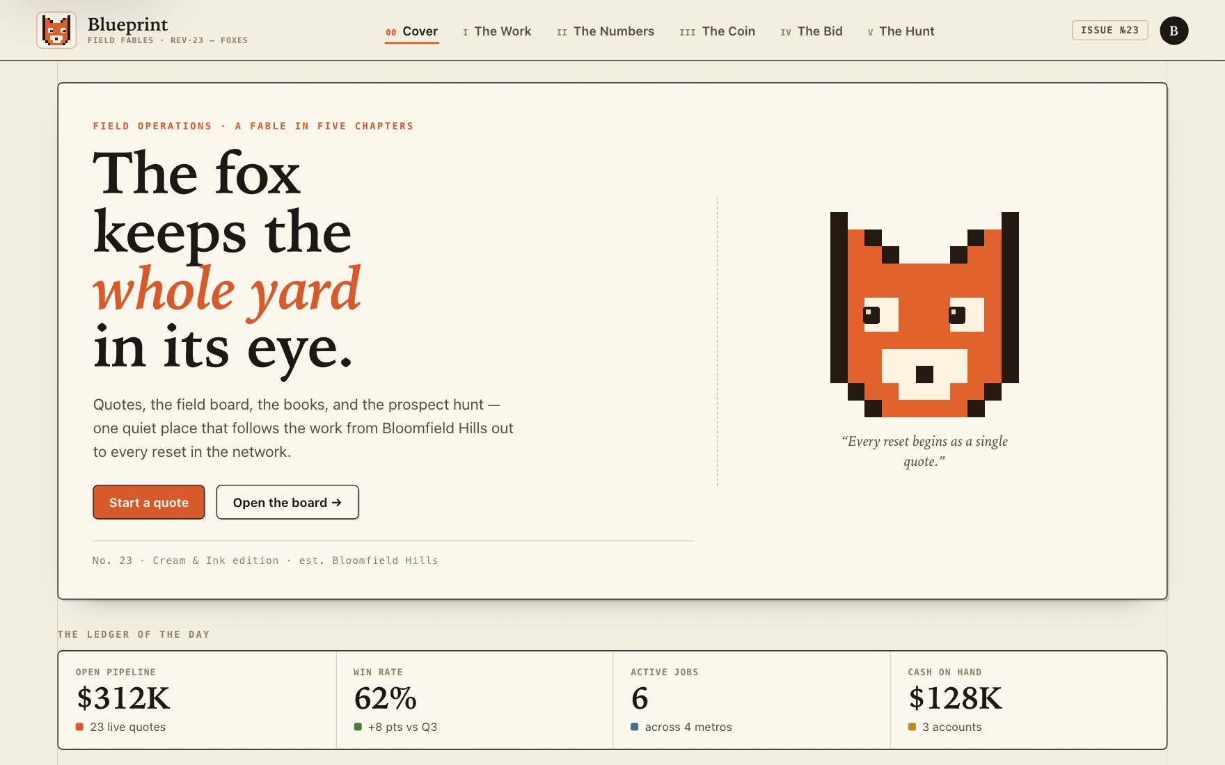 Editorial pixel-fox themed interface exploration