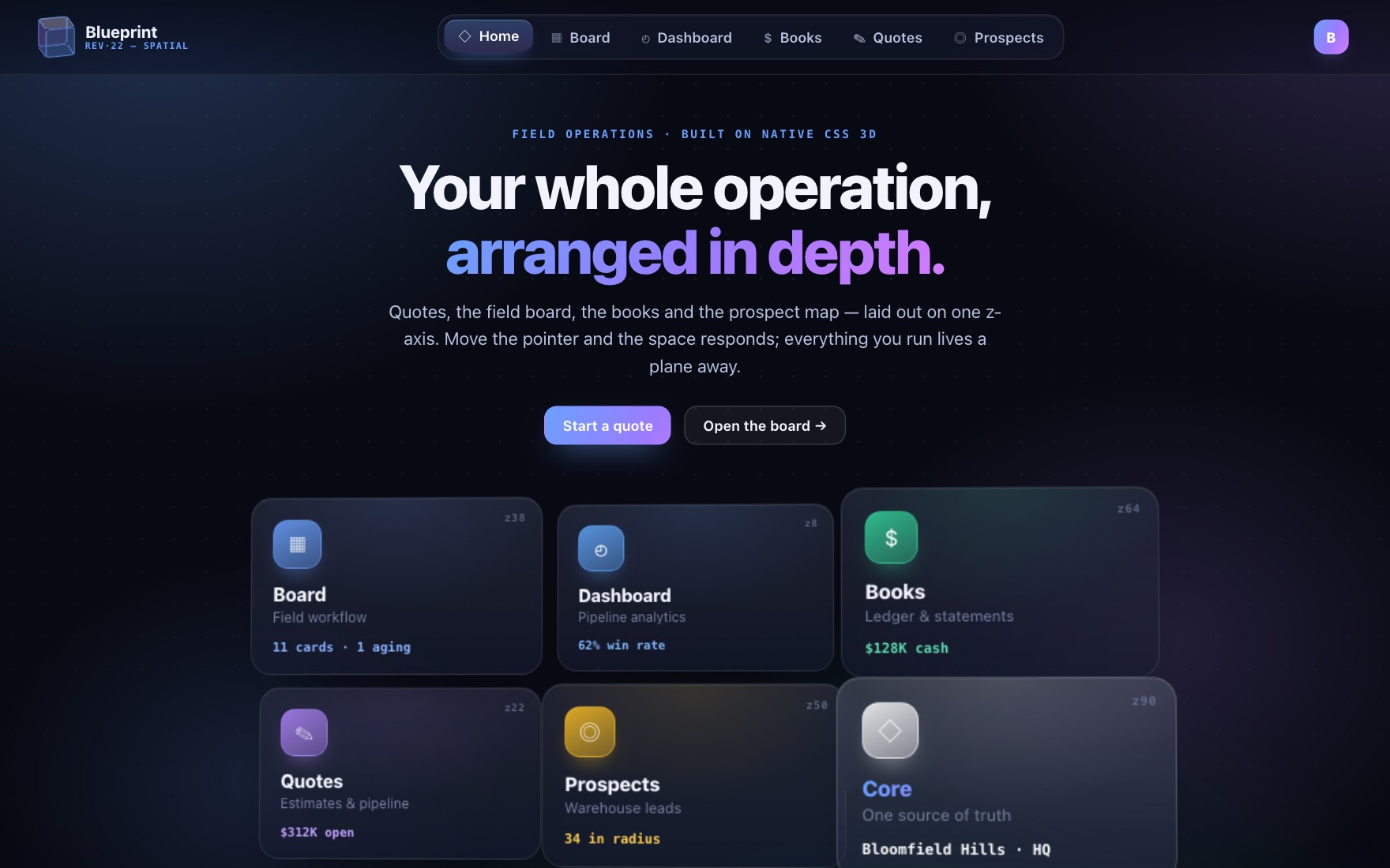Spatial pointer-tilt CSS 3D interface exploration